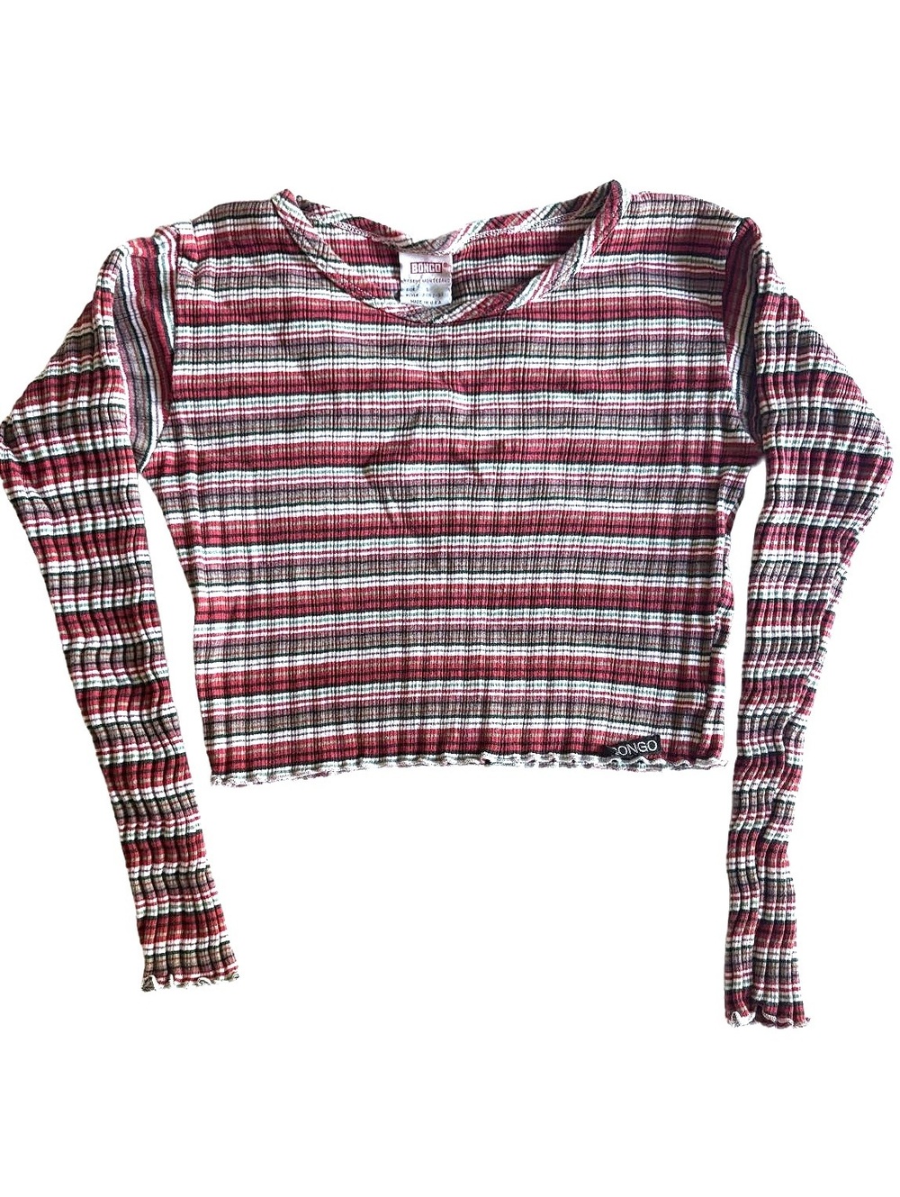 90s Vintage BONGO by Gene Montesano Striped Long Sleeve Crop Top Scalloped Hems